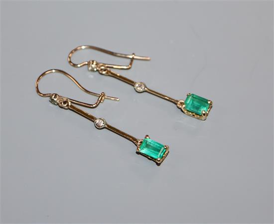 A pair of gold, diamond and emerald drop earrings, 4cm